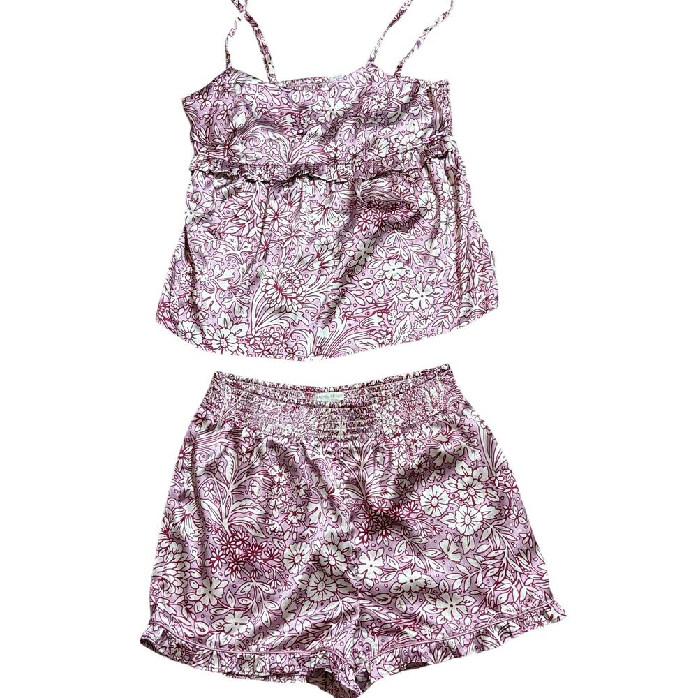 Rachel Ashwell Pink Floral Pajama Set Sz M Cami Tank & Ruffle Shorts Cottagecore